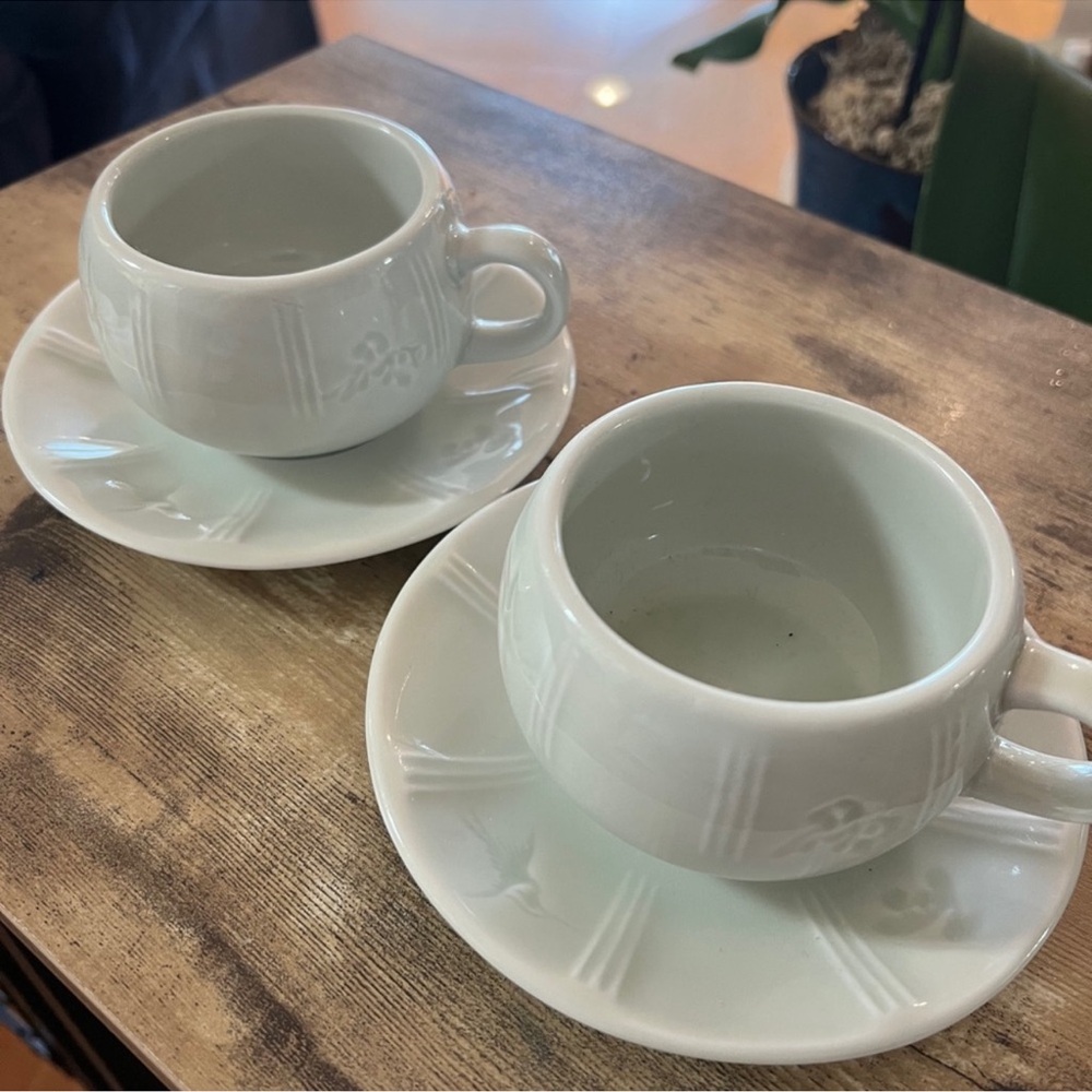 Set of 2 Vintage White Porcelain Cups & Saucers Embossed Floral Korea Style